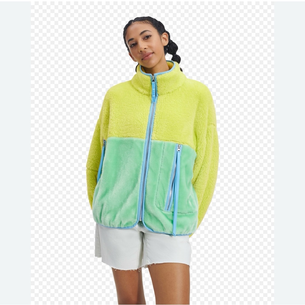 78. UGG Women’s Marlene Green and Yellow Sherpa Jacket, NWT, Size Small.